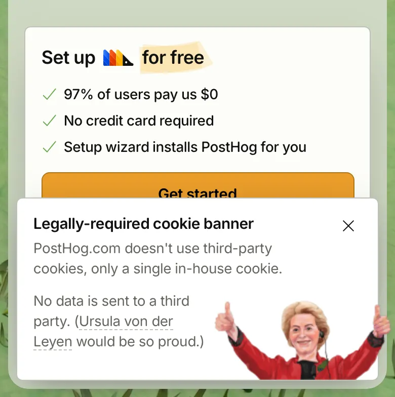 PostHog's homepage on a phone: the cookie banner, ringed, covers the bottom of the Get started button.