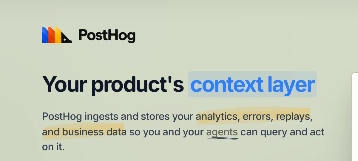 PostHog's desktop headline, “Your product's context layer”, ringed.