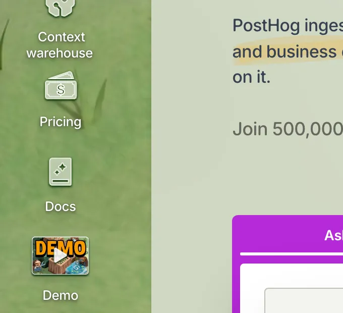 PostHog's desktop icons on the grass wallpaper; the white Docs label, ringed, is hard to read.